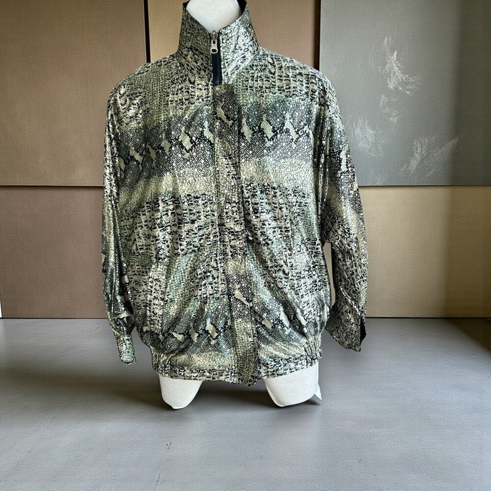Green Black Snake Python Print Reversible Vintage Bomber Jacket One Size